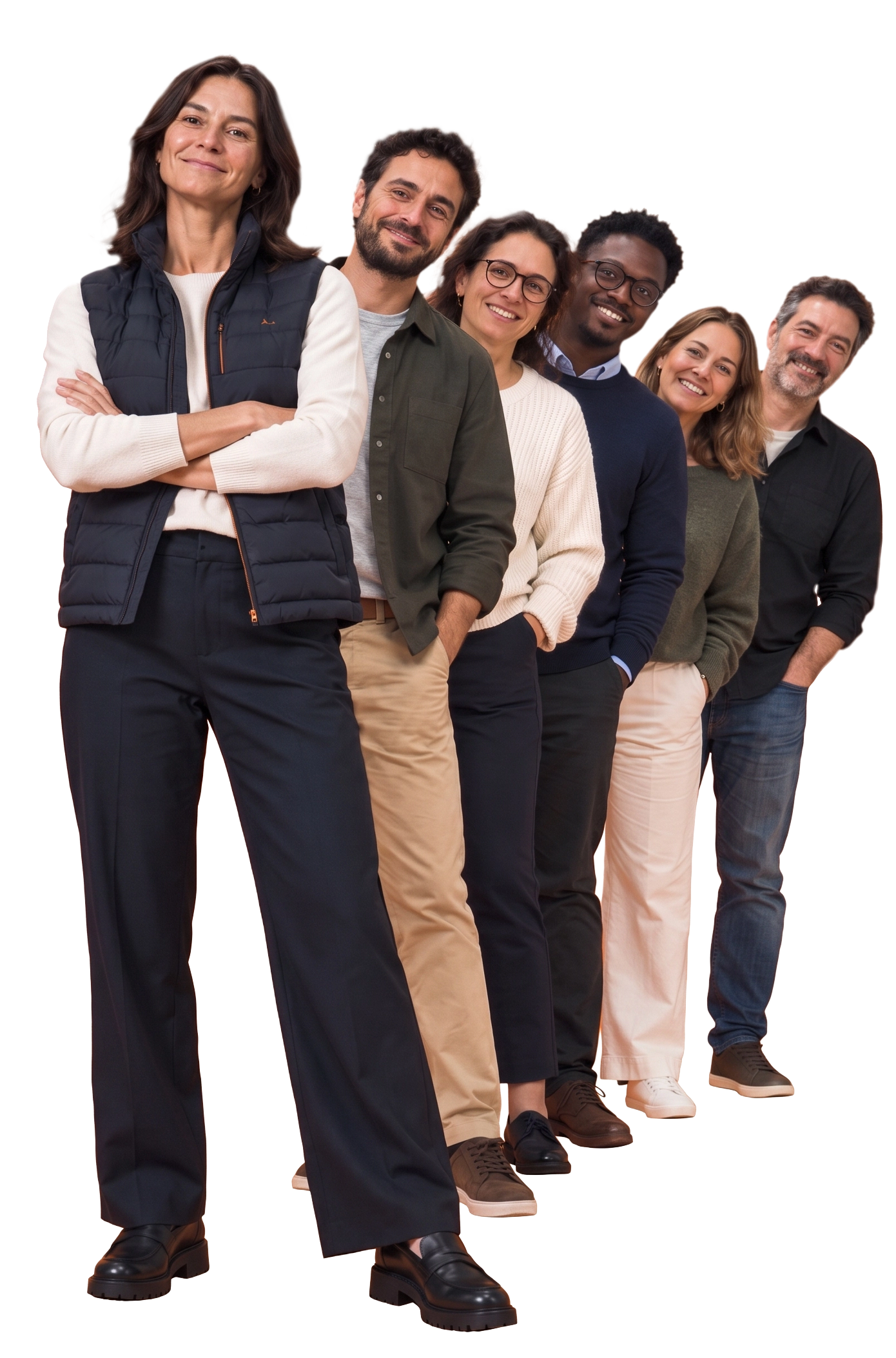 Six collaborateurs souriants, alignés en diagonale